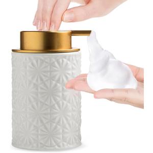 Elegant Foaming Soap Dispenser, Designed with Flower-Shaped Emboss, Ceramic Gold Hand Soap Dispenser for Bathroom (White)
