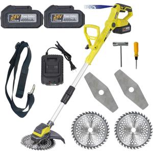 Electric Weed Wacker Eater Cordless Weed Trimmer Battery Powered 24V Powerful Brushless Brush Cutter with 2pcs 4.0Ah Batteries and Charger Stringless Grass Trimmer 2 Types Blades for Yard (Green)