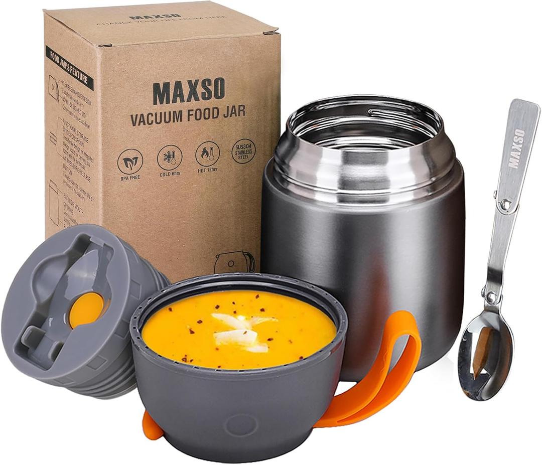 Insulated Thermo Food Jar for Hot & Cold Food for Kids Adult, 17 oz Soup Thermal Hot Food Containers for Lunch, Triple Layer Insulation Stainless Steel Food Jar with Spoon (Grey) (Gray)