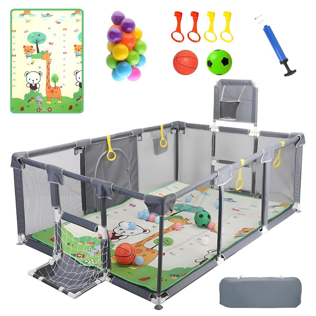 Upgraded Playpen with Enhanced Thick Foldable Mat, Balls, 4 Rings, Storage Bag, Basketball Hoop & Soccer Nets - Play Yard - Sport Playpen - Activity Center - BPA-Free, Non-Toxic, Safe