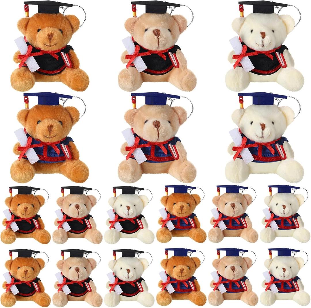 18 Pieces 3.5 x 3.3 Inches Mini Graduation Bear Small Bears Plush Gift Stuffed Animal Bear with Cap for Class of 2025 Graduation Day Baby Shower Decoration Kindergarten High School College Party Favor