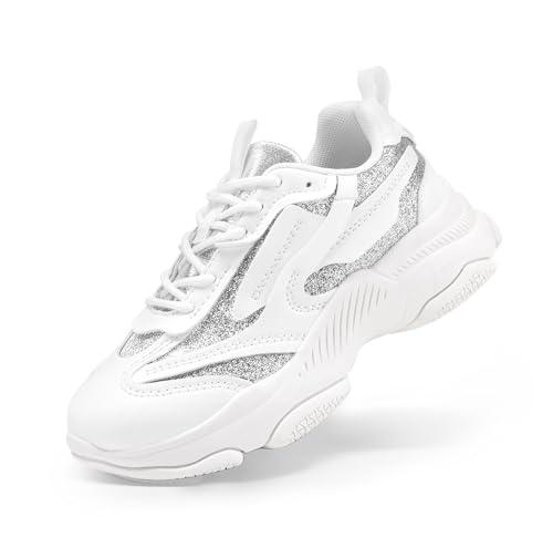 DREAM PAIRS Kids Girls Sneakers Jelly Sole Lace up Shoes Lightweight Walking Shoes for Girls Boys,Size 3 Little Kid,White/Silver,KKUMFN2503
