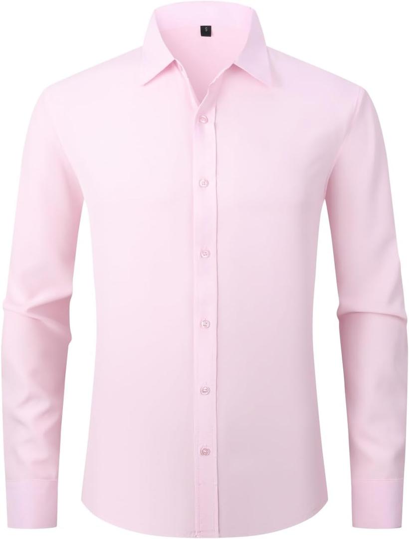 Dress Shirts for Men's Long Sleeve Button Down Shirt Slim Fit Business Formal Stretch Shirt (X-Large, Pink)