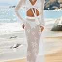 Saodimallsu Womens Crochet Swimsuit Cover up Beach 2 Piece Swimwear Set | Bathing Suit,Crochet Sets,V Neck,Bikini Coverup,Long Sleeve,Pants,Maxi Dress,Skirt,Resort Wear,Sheer,Wrap,Tie,Crop, Boho, Medium