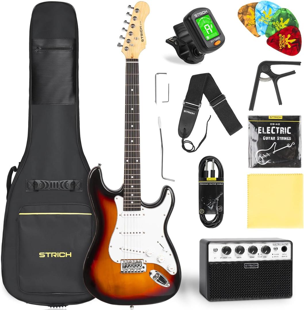 STRICH Electric Guitar Beginner Kit, Solid Body 39" Full Size Electric Guitar SSS Pick Up for Starter, with 5W x 2 Amp, Bag, Digital Tuner, Capo, Strap, String,Cable, Picks, SST-S10 Sunburst