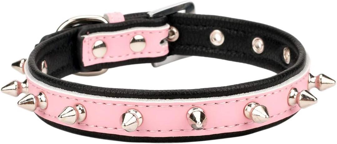 Spiked Studded Padded Leather Pet Collars for Cats, Puppy, Dogs (10.5"-13" Neck * 0.6" Wide, Pink Spiked)