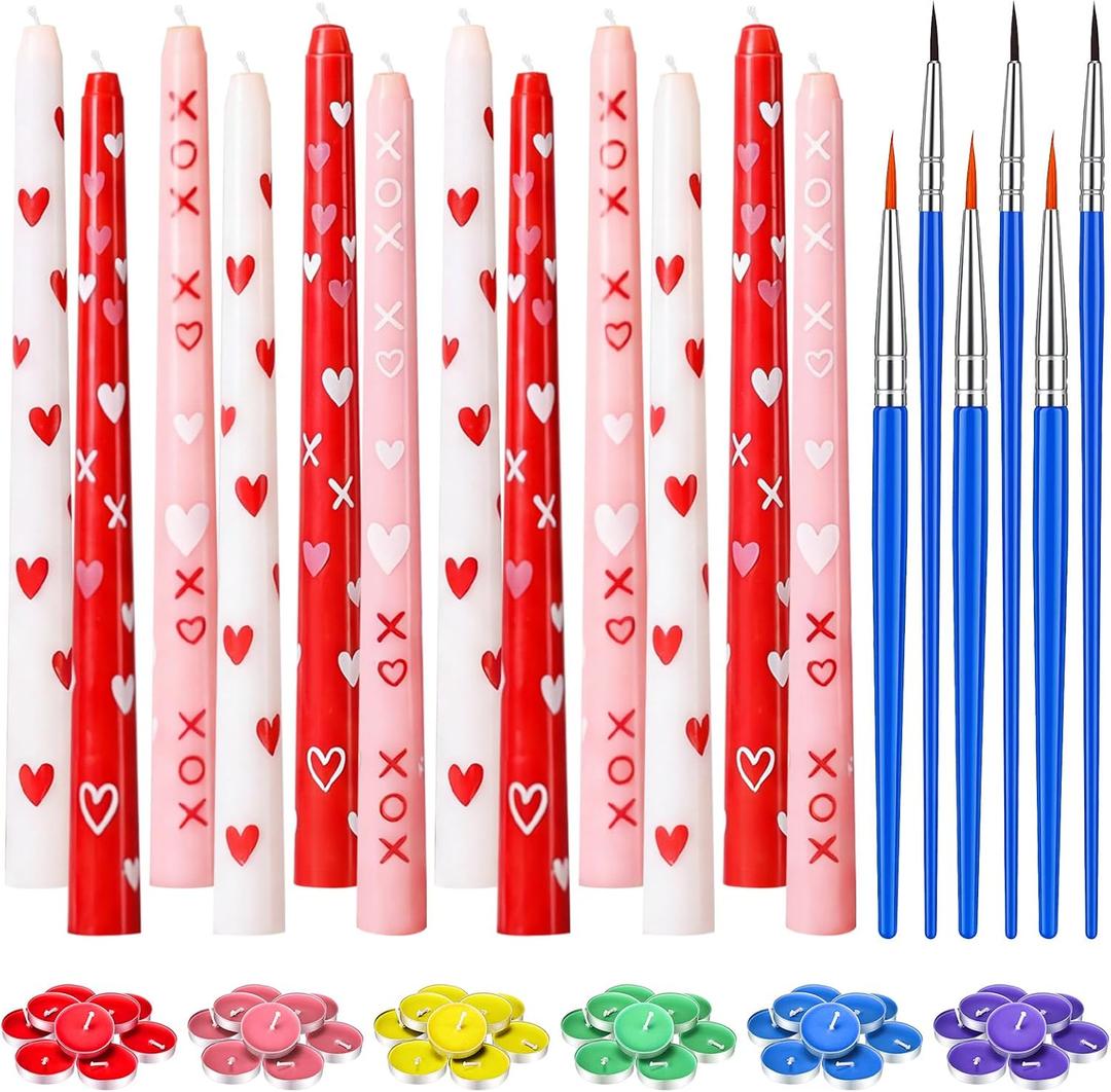 Treela 84 Pcs Galentine's Day DIY Candle Painting Kit Include 10 Inches White Pink Red Taper Candles 60 Colored Tealight Candle 12 Paint Brushes for Valentines Gifts Adult Crafts Centerpieces