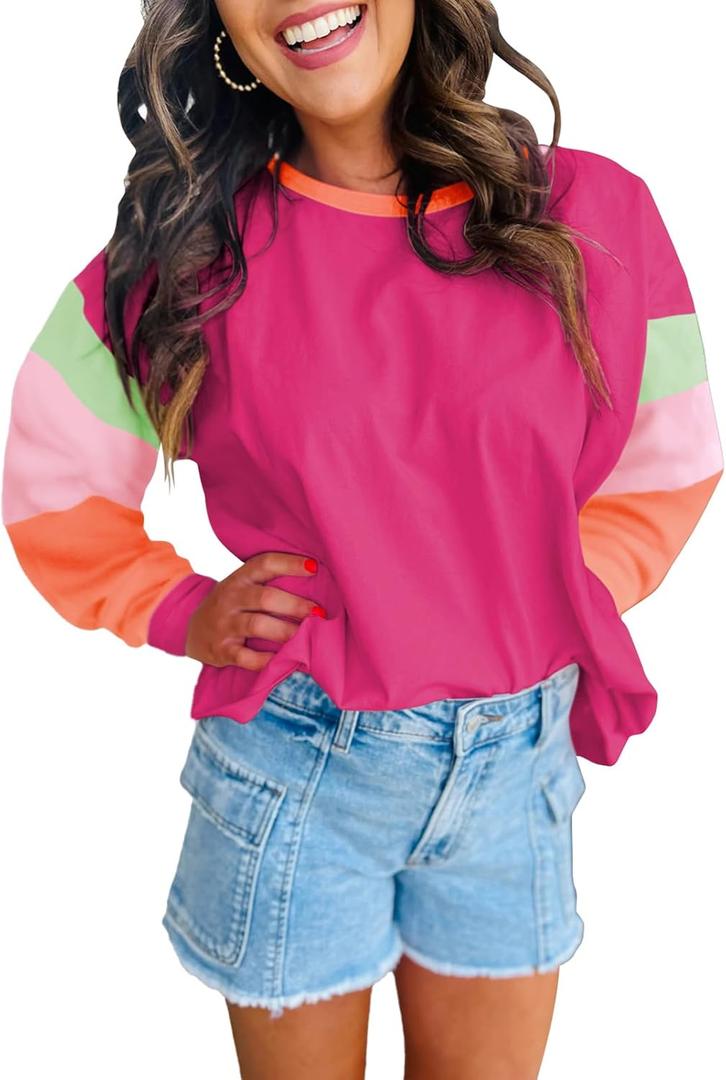 miduo Womens Long Sleeve Tops Color Block Stitching Casual Loose Fit Crew Neck Shirts Blouses (Pink, M)