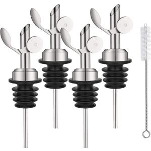 WAFJAMF 4 Pcs Weighted Stainless Steel Bottle Pourers, Self Closing Olive Oil Dispenser Spout, Auto Flip Feature Liquor Pour Spouts for Pours Liquid, Olive Oil, Wine, VinegarSilver