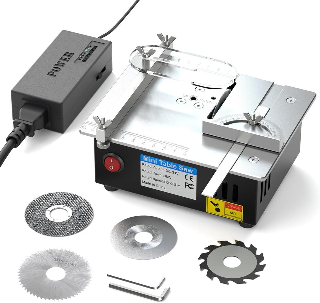 96W Precise Mini Table Saw, Adjustable Cut Depth and Angle, 4 Blades, 7-Level Speed Adjustable, for DIY Woodworking Metal Plastic Cutting