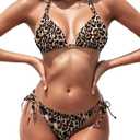 Women's Triangle Bikini Sets Two Piece Double Straps Halter Swimsuit Tie Side String Cheeky Bathing Suits (Medium, Leopard)
