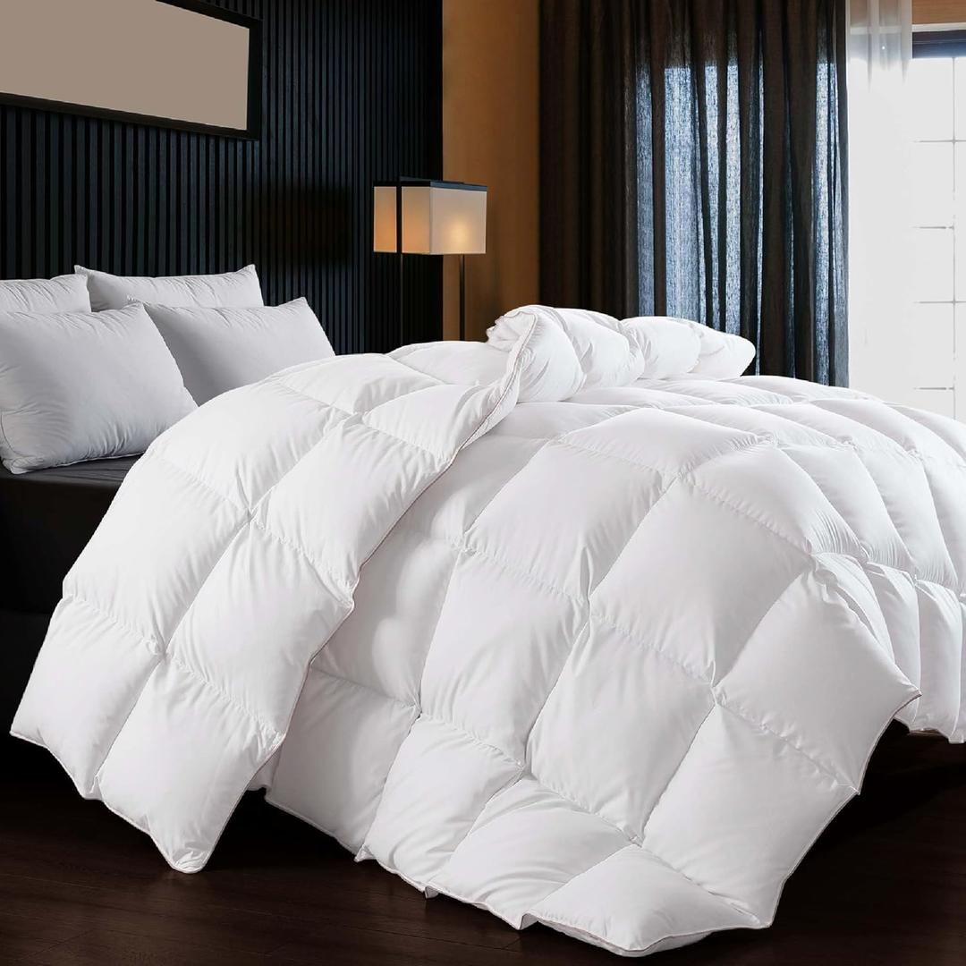 WhatsBedding Feather Fiber Comforter King Size Duvet Insert for All Season, 100% Cotton Hotel Collection Down Comforter Alternative, 4 Corner Loops, Gold Piping, 90x106In