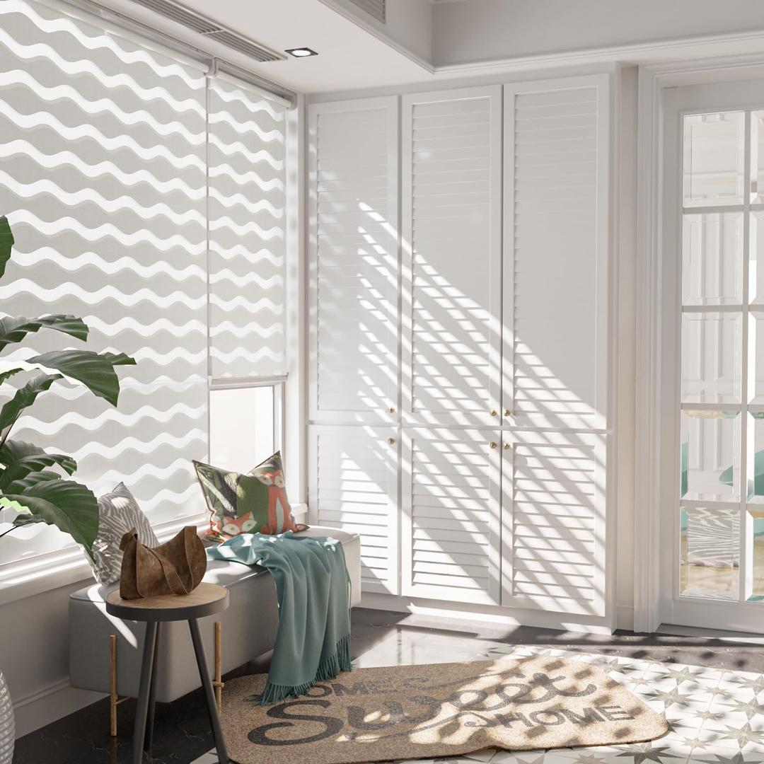 LazBlinds No Drill Cordless Zebra Blinds for Indoor Windows, Dual Layer Light Control Roller Shades for Day and Night, Light Filtering Sheer Shades for Home, White 5 ft x 41 in