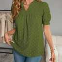 Tops For Women 2025 Boho Floral Short Puff Sleeve Shirts Summer Flowy V Neck Casual Lace Blouses (Green, XL)