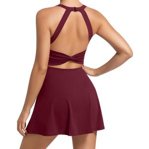 Womens Workout Tennis Dress with Built in Shorts and Bra Athletic Golf Activewear for Exercise (Medium, Burgundy)