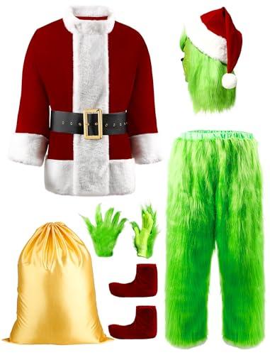 PrettyFirst Halloween Costumes Adult, Green Costume 8PCS Christmas Funny Santa Claus Costume for Men Cosplay With Mask no size