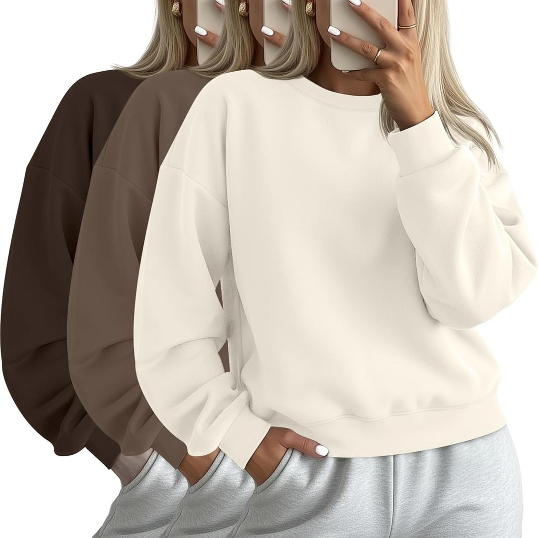 Ficerd 3 Pack Women's Cropped Sweatshirts Long Sleeve Cotton Crew Neck Pullover Tops Casual Solid Sweat Shirts (Medium, Brown, Mocha, Cream)