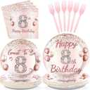 Grencian 96 Pcs 8th Birthday Party Supplies for Girls Rose Gold 8 Years Old Paper Plates and Napkins Tableware Set 8th Birthday Decorations for Girls Eight Years Old Party Grade Graduation Serves 24