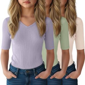 3 Pack Girls T Shirts 5-14 Years Tween Summer V Neck Cute Fitted Tops Fashion Trendy Basic Tees for Kids
