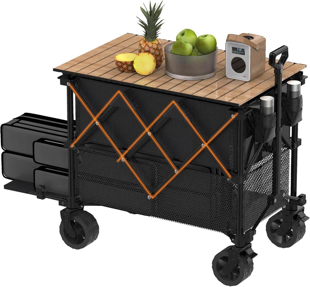 Double Decker Wagon with Table, 600L 54'' Extra Long Heavy Duty Wagons Carts Foldable with Tailgate, Utility Folding Cart Big All-Terrain Wheels with Brakes for Camping, Fishing, Beach, Outdoor, Black 