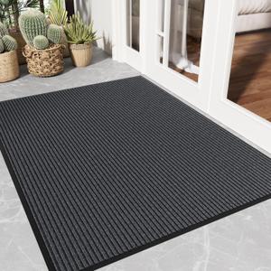 Front Door Mat Outside Entrance, 3' x 4' Low Profile Non-Slip Welcome Mat, Heavy Duty Dirt Trapper Dog Door Mats for Wet Shoes & Paws, Absorbent Commercial Floor Mat for Entryway Patios, Grey