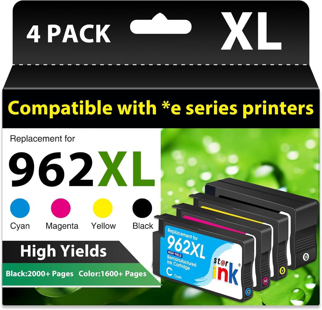 Starink 962 962XL Ink Cartridges for HP 962XL Ink Cartridges Combo Pack Replacement for HP962XL/962 Ink Work for HP Officejet Pro 9015e 9010 9025e 9018e 9025e 9015 9020 Printer for HP 962 XL (4 Pack (962E black cyan magenta yellow)