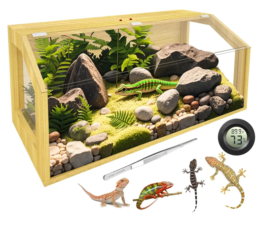 30 Gallon Bearded Dragon Tank, Reptile Terrarium with Feeding Tongs, Lockable Clear Acrylic Roof, Snake Tank Enclosure, Reptile Cage, Lizard, Leopard Gecko Tank, 32" L x 16" W x 16" H
