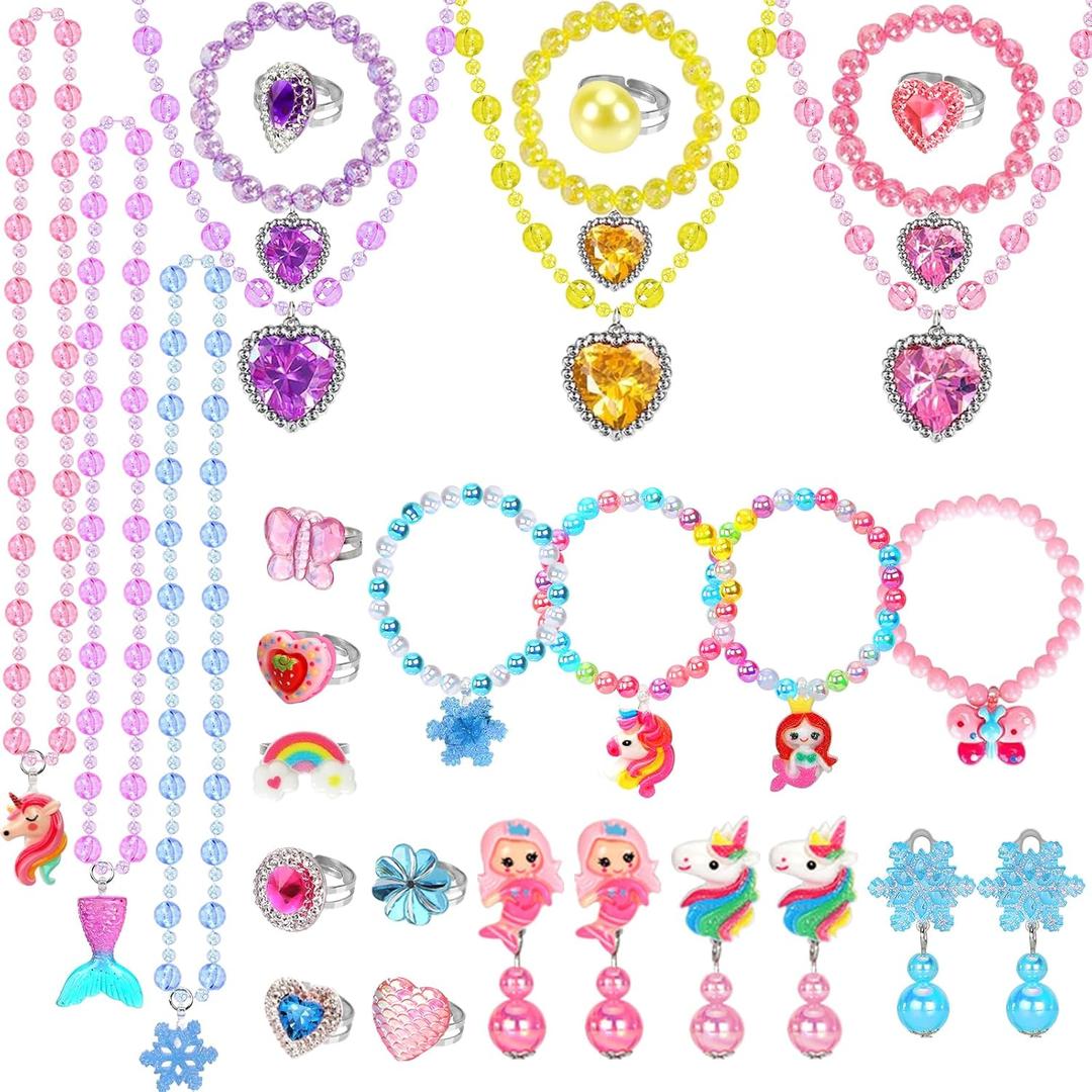 Kids Play Jewelry Sets, Princess Toys for Girls 4-6, 29 Pcs Little Girl Costume Jewelry, Unicorn Necklaces, Bracelets, Rings, Earrings, Dress Up Birthday Easter Gifts for Kids Pretend Play Party Favor (Multiple)