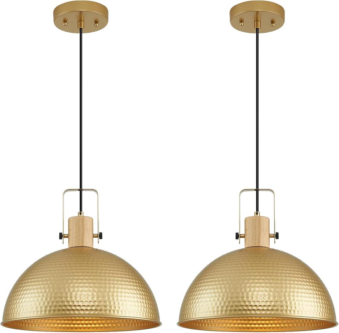 16 Inch Gold Pendant Lights Hammered Matte Pendant Lights for Kitchen Island Industrial Farmhouse Adjustable Height Dome Hanging Light Fixtures for Barn, Dining Room 2 Packs