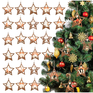 Remerry 24 Pcs Christmas Nativity Scene Ornament Star Shaped Wooden Hanging Ornament Christian Religious Gift for Xmas Tree Decor The Birth of Jesus Celebration