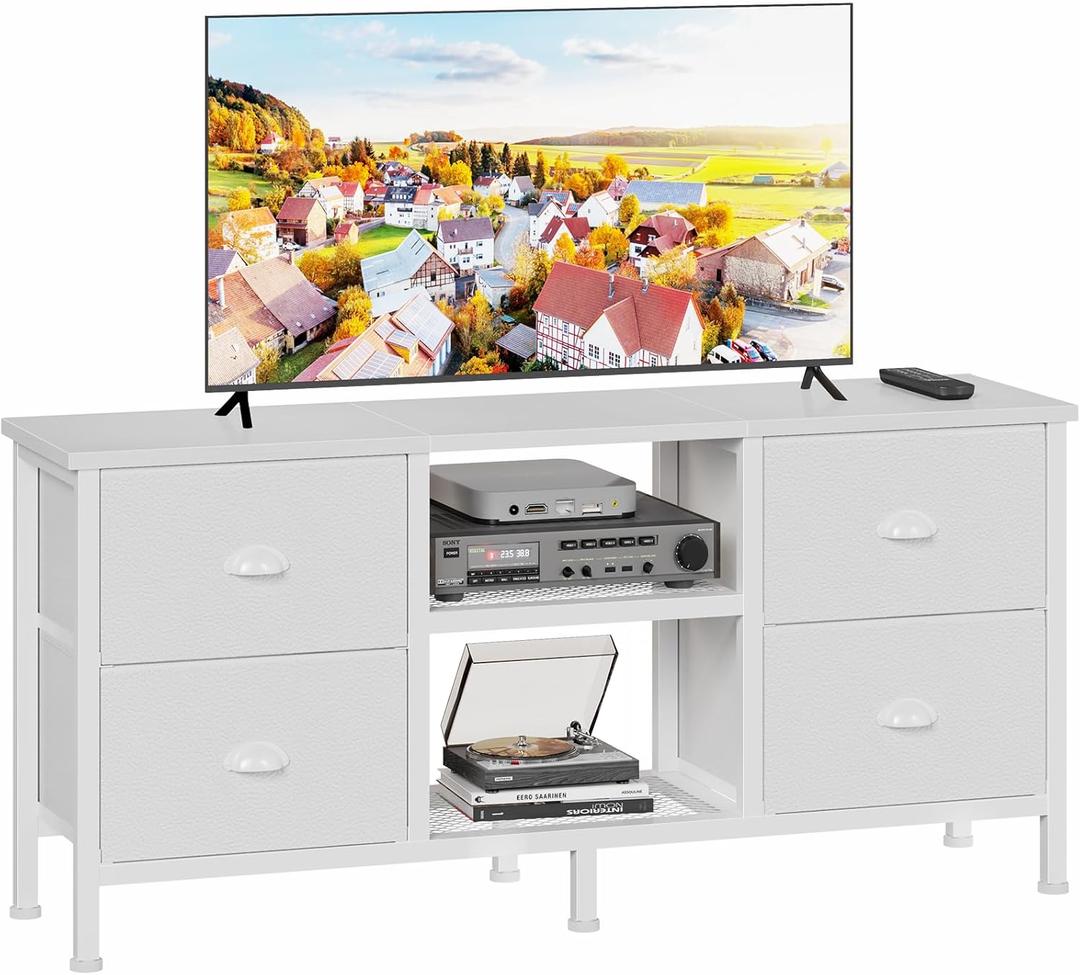 Furologee TV Stand Dresser with 4 Drawers, Entertainment Center with Open Shelf, Small Television Stands for 50" TV, Media Center for Bedroom, Living Room/White