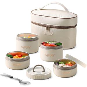 Portable Thermal Lunch Container, Keep Food Warm Insulated Bento Lunch Box For Adults To Work Picnic, Stainless Steel Food Container With Bag, Induction Cooker & Microwave Safe (Beige 68oz) ([4Pcs-2L+2S 68oz] Beige)