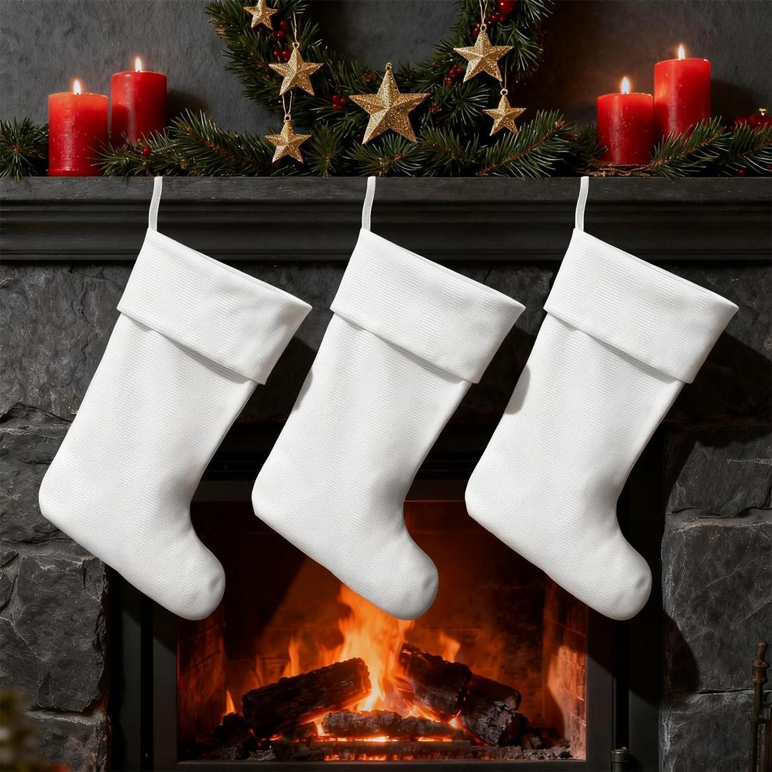SevenFish 3 Pack White Christmas Stockings 18 Inch Soft Plush Xmas Stocking for Christmas Holiday Xmas Gift Hanging Fireplace Decorations