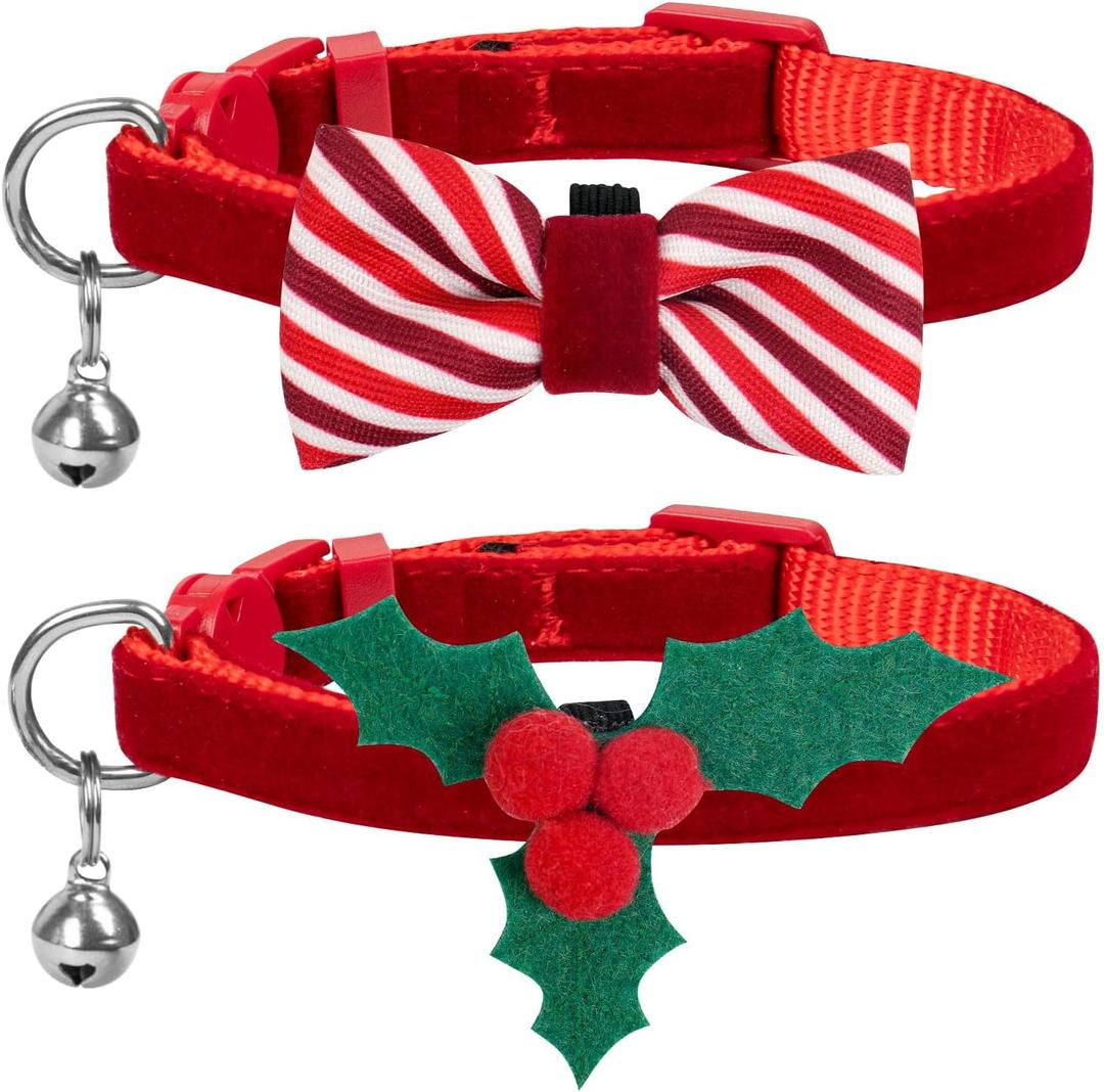 azuza Christmas Cat Collar Breakaway with Bells, 2 Pack Holiday Celebration Cat Collars with Cute Holly and Bowtie Accessories, Size Adjustable from 8"-12"