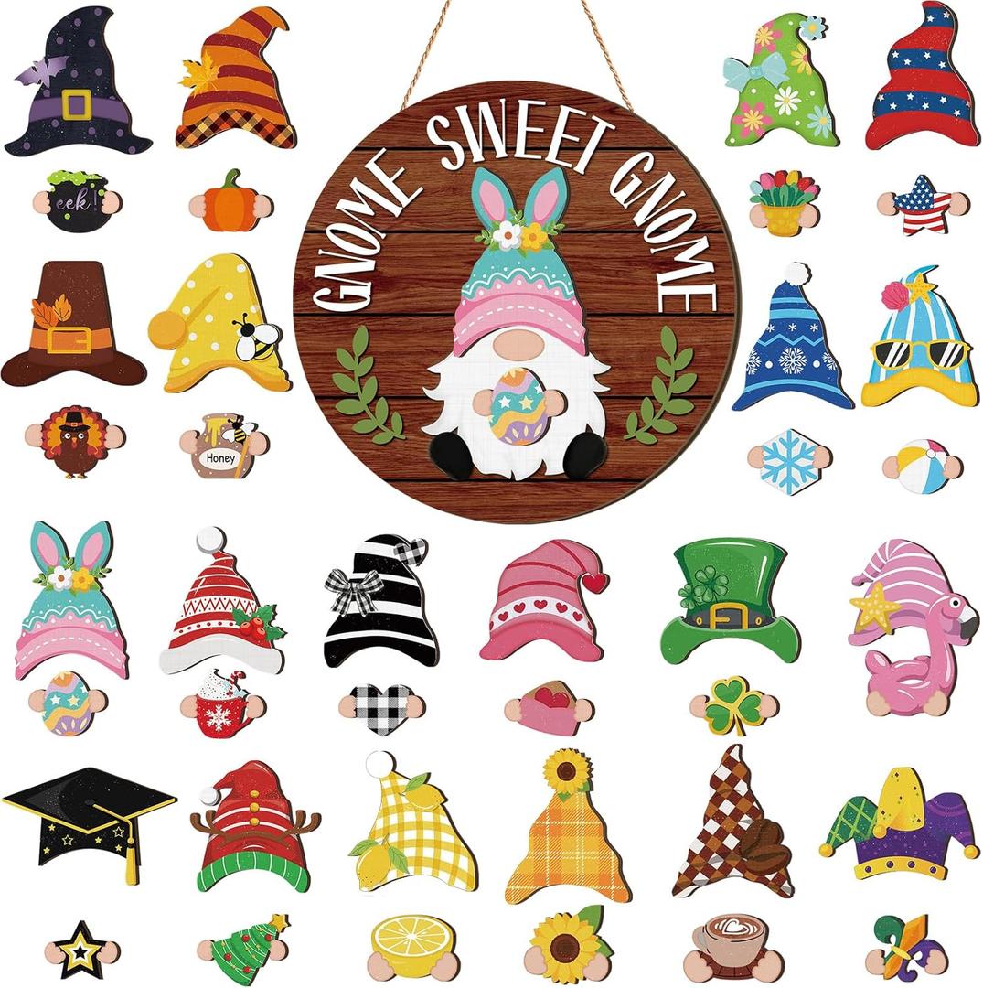 Wenqik 41 Pcs Interchangeable Sweet Gnome Signs Holiday Wooden Seasonal Gnome Decor Detachable Magnet Hat and Hand Welcome Sign for Home Decoration(Farmhouse, Dark Brown)