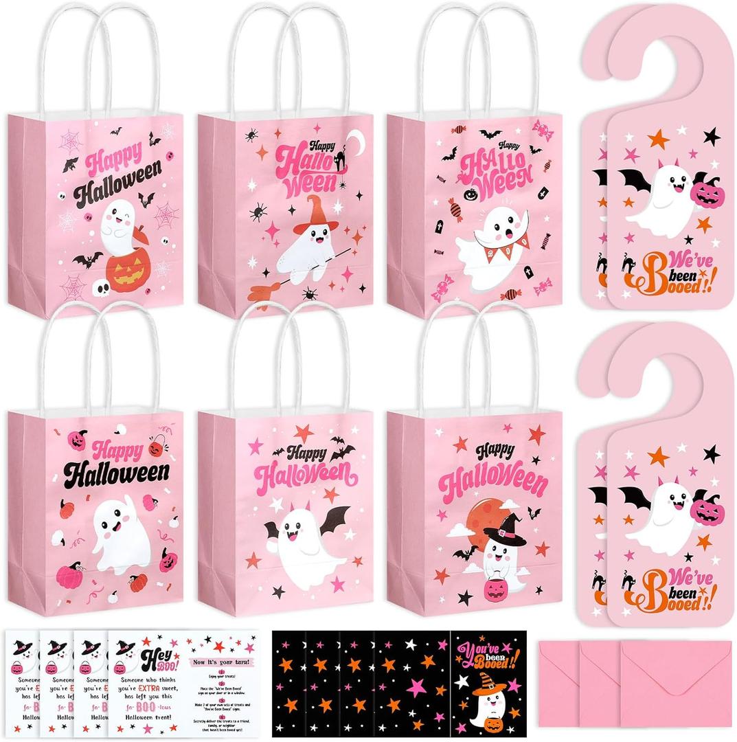 24 Set Halloween You've Been Booed Ghost Bag Starter Kit with 24 Boo Gift Bags 24 Cardstock 24 We've Been Booed Doorknob Hangers 24 Envelopes for Neighbors Coworkers Friends (Cute Style)