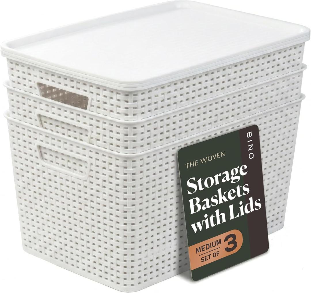 BINO | Plastic Storage Baskets with Lids, 22 Liter - 3 Pack, White | THE WOVEN COLLECTION | Storage Basket for Shelves | Woven Storage Baskets for Organizing Bins Pantry Shelf Organizer Container Bin