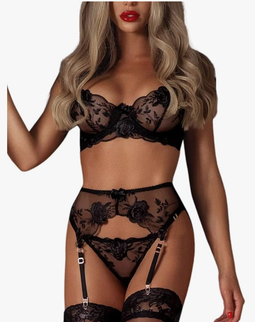 Kaei&Shi Floral Embroidered Mesh Sheer,Underwire Satin Bow,High Cut Thong,Belt Garter Lingerie, Size L