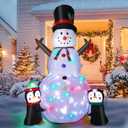 8FT Christmas Inflatable Snowman Outdoor Decorations, Christmas Blow up Snowman with Two Penguins Decoration, Built-in Colorful Rotating Lights for Holiday Xmas Party Lawn Yard Garden