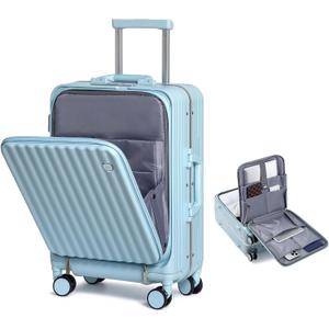 Somago Carry on Luggage Front Open 22x14x9 Airline Approved Lightweight Suitcase with Cup Holder and USB Port Aluminum Frame Polycarbonate Spinner Hard Suitcase with TSA Lock (Light Blue)