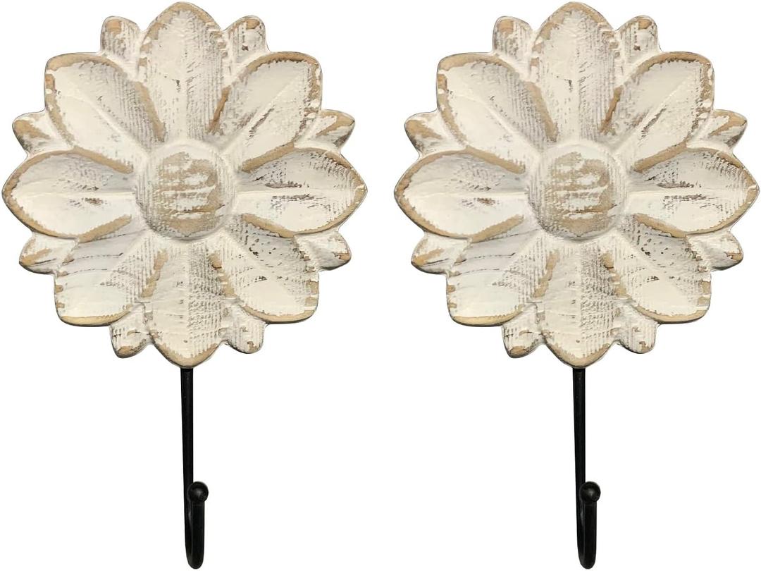 Decorative Wall Mounted Flower Hooks, White Distressed Wood Hanging Hooks, Farmhouse Boho Coat Rack for Hanging Things, Towels, Purse