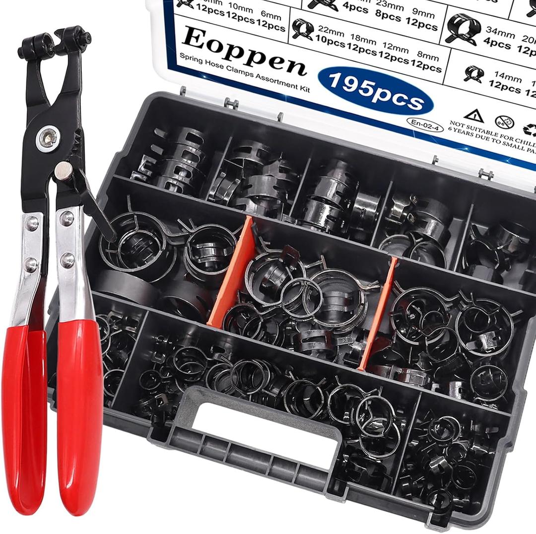 195Pcs 6-38mm Spring Hose Clamps Assortment Kit with Swivel Flat Band Fuel Hose Clamp Plier - 23 Sizes Fuel Line Silicone Vacuum Hose Low Pressure Air Clamps
