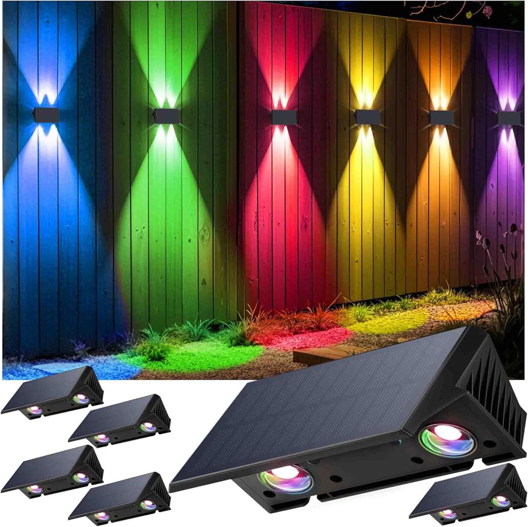 Fence Lights Solar Powered, 6-Pack Solar Fence Lights Up/Down Flexible Buttons, IP67 Waterproof for Outdoor, 100LM Bright, Auto Dusk to Dawn for Wall/Stairs/Yard/Railing/Deck/Pathway (White & RGB)