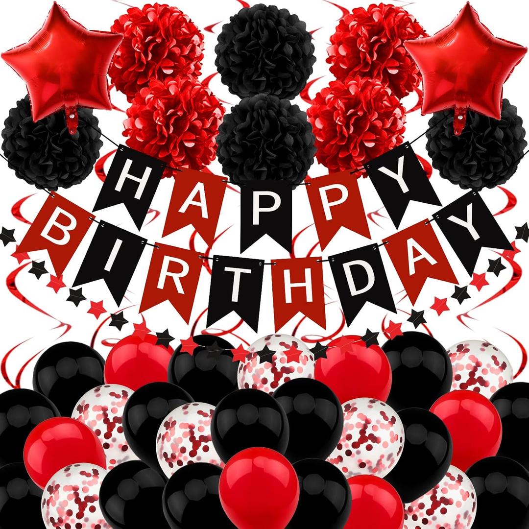 Black and Red Birthday Decorations - Happy Birthday Banner for Boys Girls Men Women Party Supplies