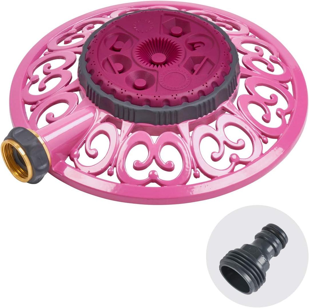 Melnor 65100-AMZ Sprout Metal 8-Pattern Sprinkler and QuickConnect Product Adapter Amazon Bundle, Raspberry Red