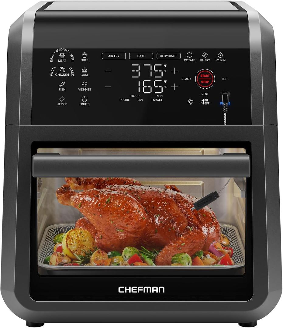 CHEFMAN ExacTemp 12 Quart 5-in-1 Air Fryer with Integrated Smart Cooking Thermometer, 28 Touchscreen Presets, Rotisserie, Dehydrator, Bake, XL Convection Oven with Auto Shutoff, Black