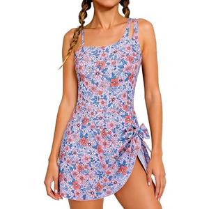 Funnycokid Girls One Piece Swimsuit Padded Bathing Suit Teen Modest Skirted Swimwear 17-18 Years, Blue Floral