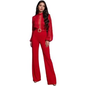 Sexy Sparkly Jumpsuits for Women Formal Elegant Mock Neck Shiny Long Straight Pants Rompers Cocktail Party Outfits (Large, Red)
