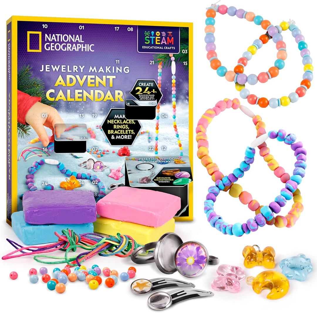 NATIONAL GEOGRAPHIC Jewelry Making Advent Calendar 2025 for Girls and Boys  Create 24+ Pieces, Christmas Craft Calendar, Holiday Craft Kit for Kids, with Beads, Clay, Charms, Educational Gifts