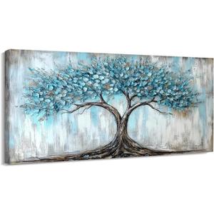 Rahieay Tree Wall Art, Turquoise Nature Tree of Life Abstract Canvas Painting Textured Painting Pictures Large Landscape Artwork for Living Room Bedroom Bathroom Office Home Decor